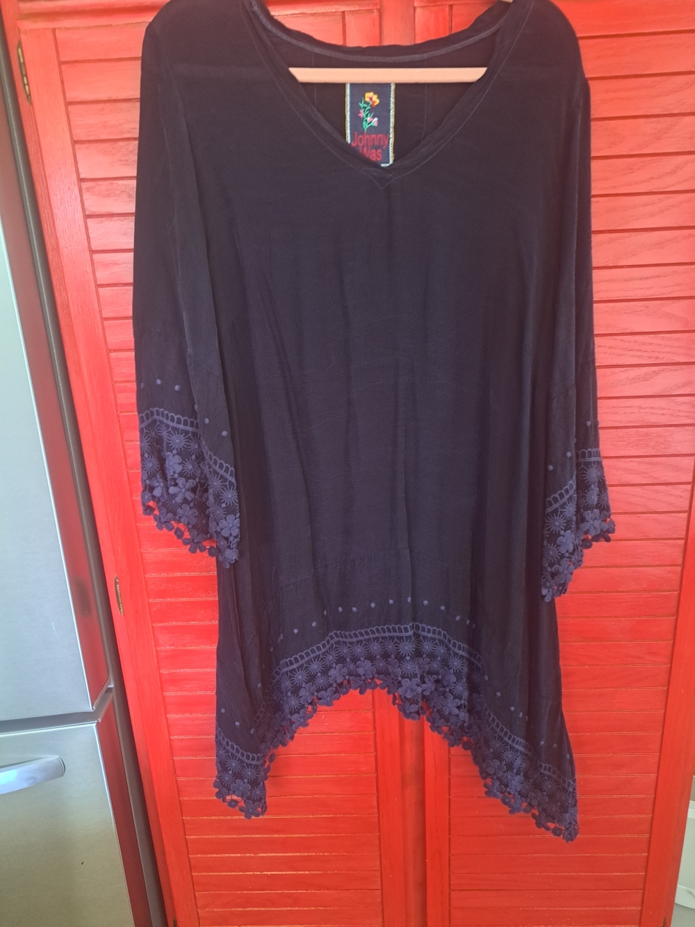 Johnny Was Dark Navy  Crochet-Hem V-Neck Tunic 1x Boho Asymmetrical Hem